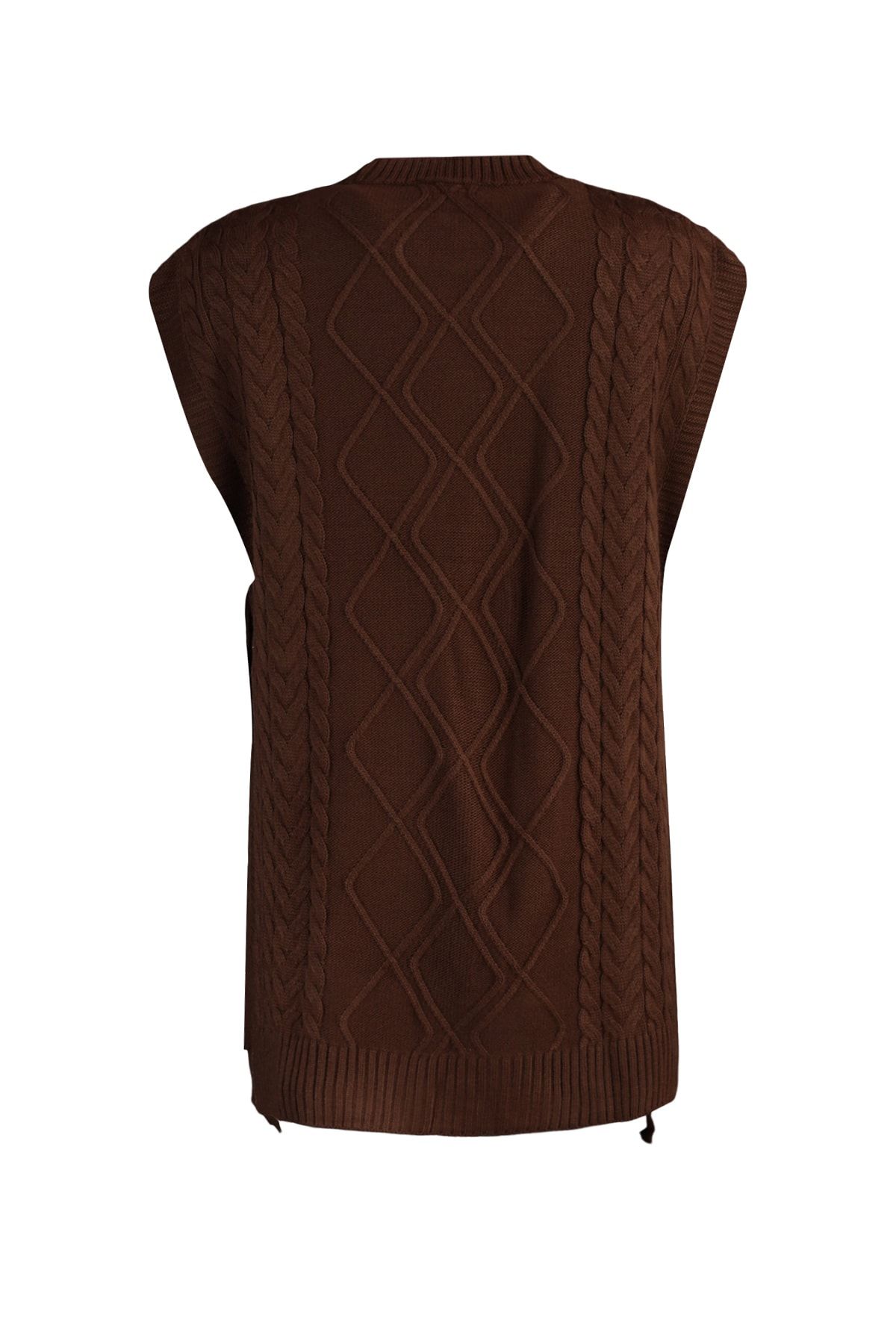 Trendyol Modest-Dunkelbrauner geflochtener Strickpullover zum Binden an der Taille TCTAW22UV0018 8