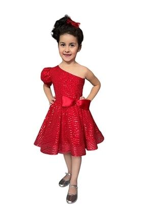Kız Çocuk Kırmızı Red Shine Zb Kids Tek Omuz Payetli Abiye Elbise zb2021redshine11-14