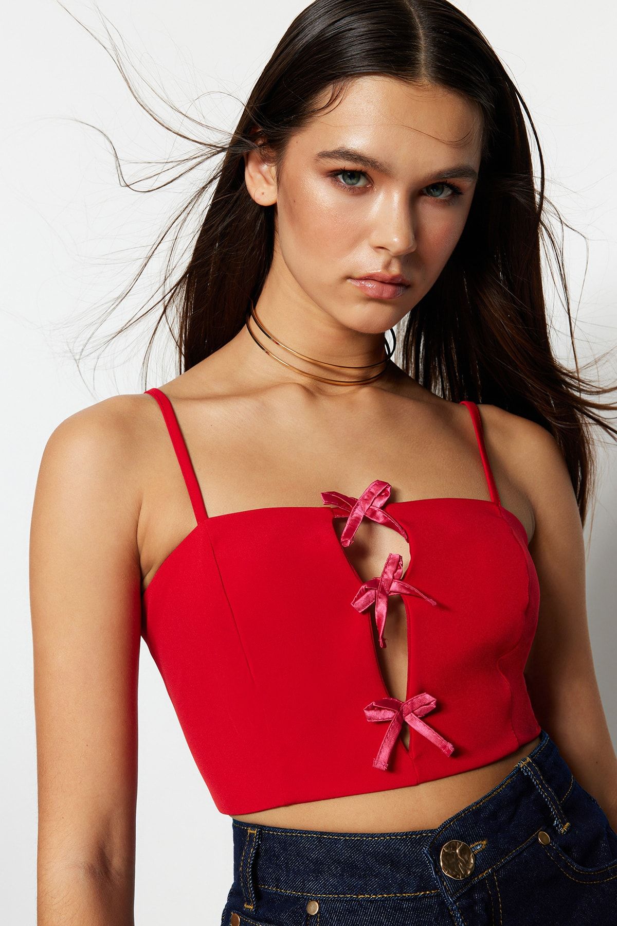 Trendyol Collection Red Crop Lined Bustier with Woven Window/Cut Out Detail  TPRSS23BS00020 - Trendyol