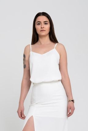 Kadın Beyaz Ayarlanabilir Askılı Uzun Bluz DUES0014