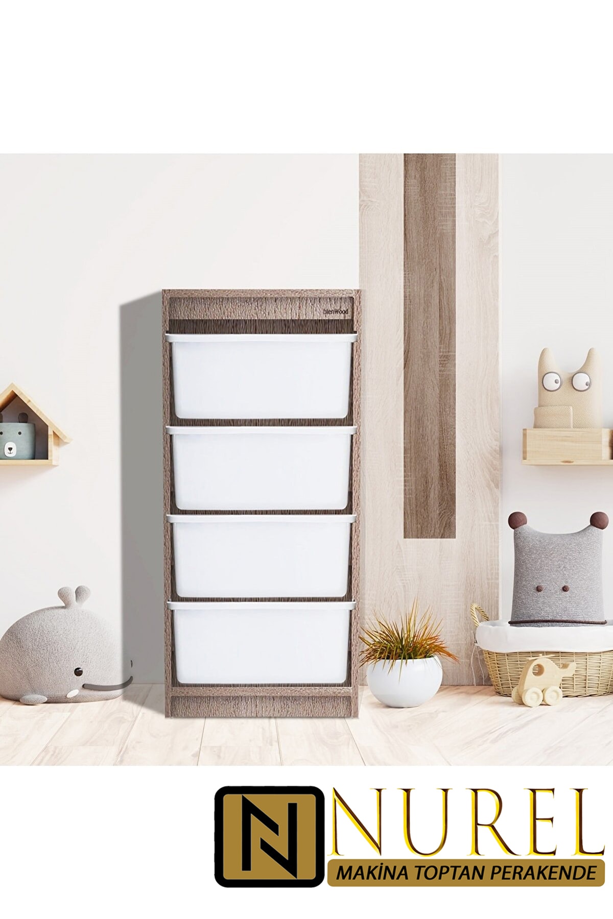 Bienwood BIE-4004 Ahşap 4 Raflı Plastik Çekmeceli Oyuncak Dolabı