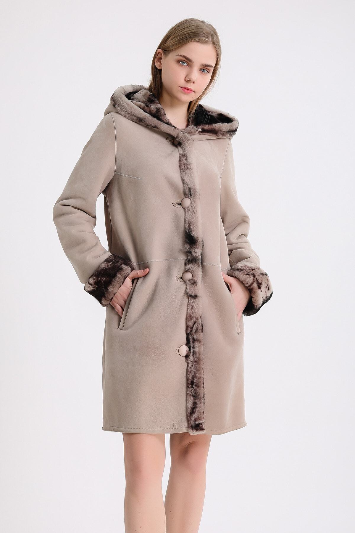 Leather Club  Bej Kapüşonlu Kürk Kaban - Görsel 3