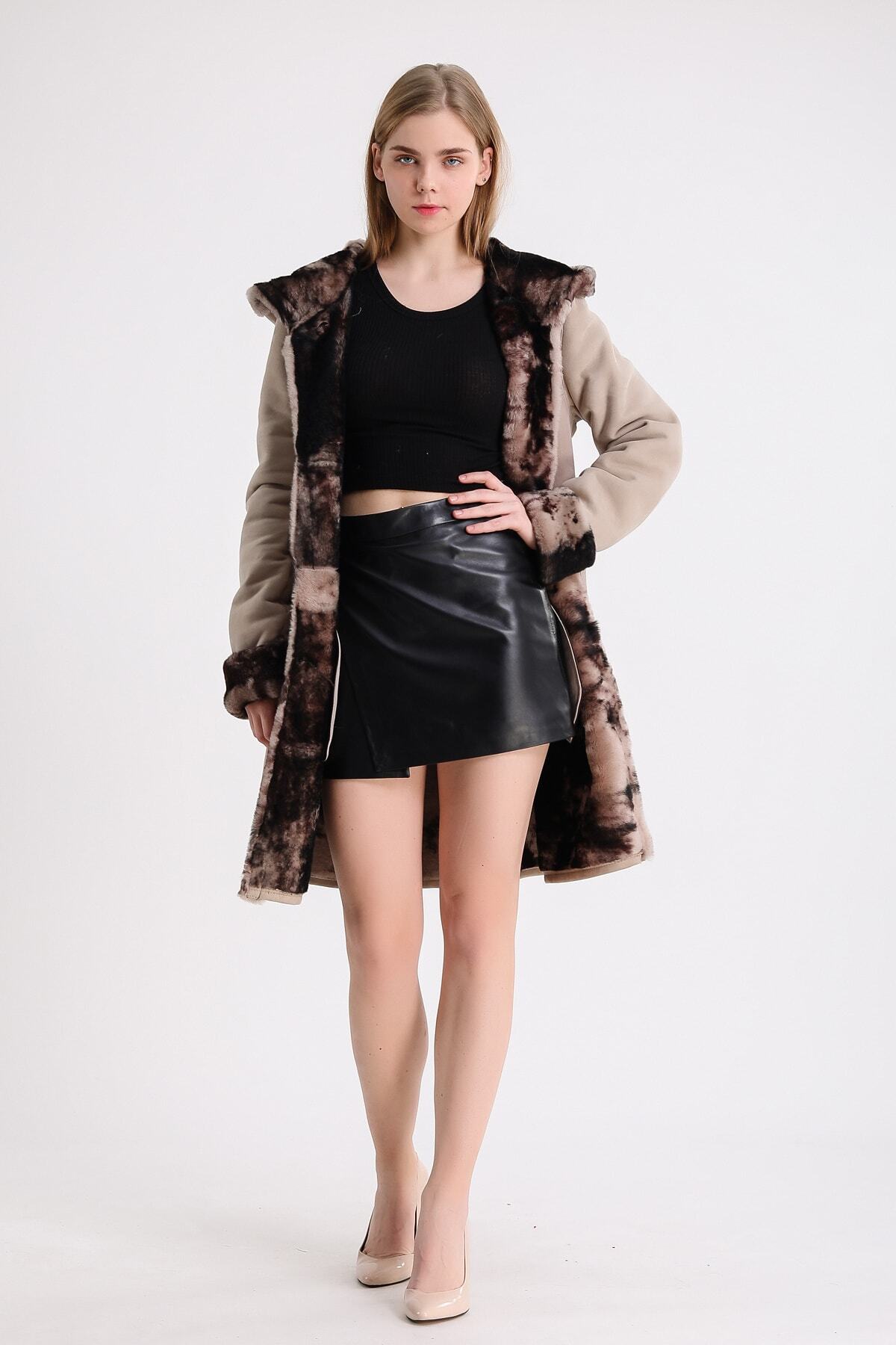 Leather Club  Bej Kapüşonlu Kürk Kaban - Görsel 7