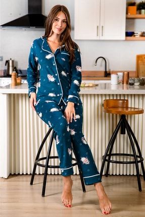Kadın Petrol Gömlek Yaka Penguen Desenli Düğmeli Slim Fit Yılbaşı Uyku Bantlı Pijama Takımı 2023-1
