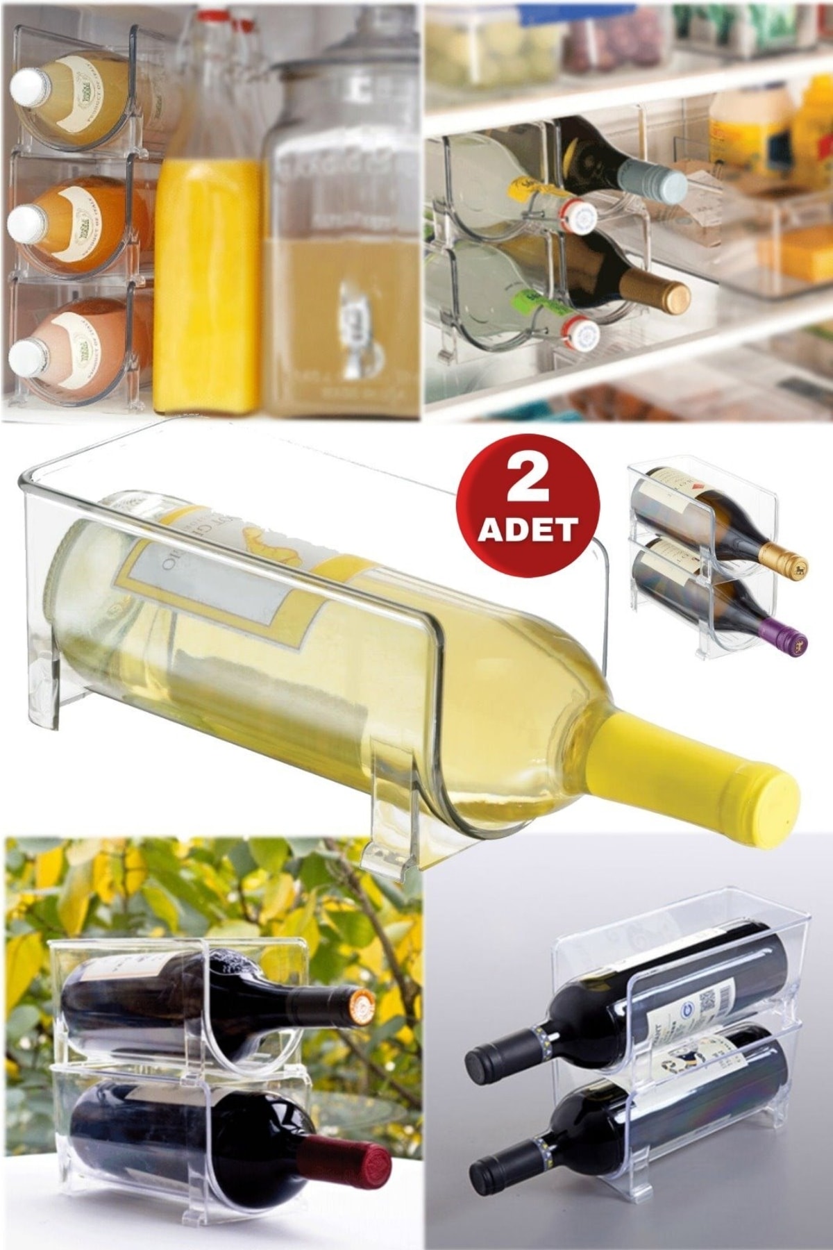 Utelips 2 Adet Buzdolabı Şarap Tutucu Şeffaf Istiflenebilir Plastik Şarap Rafı Depolama Şişesi Organizatör