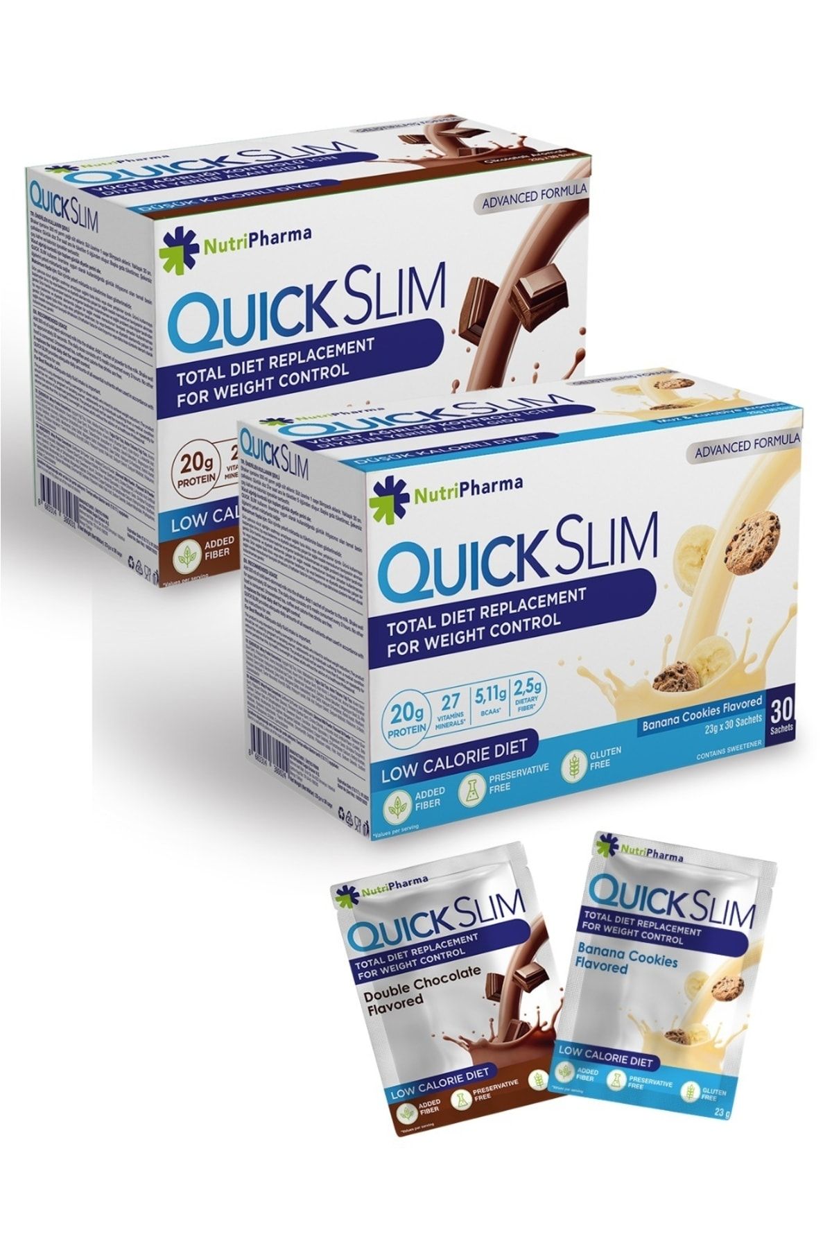NUTRIPHARMA Quick Slim Kilo Verme Amaçlı 60 Öğün Shake (çikolatalı, Muzlu 2  Kutu,60 Saşe), 56%'YE KADAR İNDİRİM