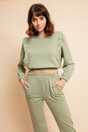 Kadın Yeşil Zincirli Crop Sweatshirt 21K014087