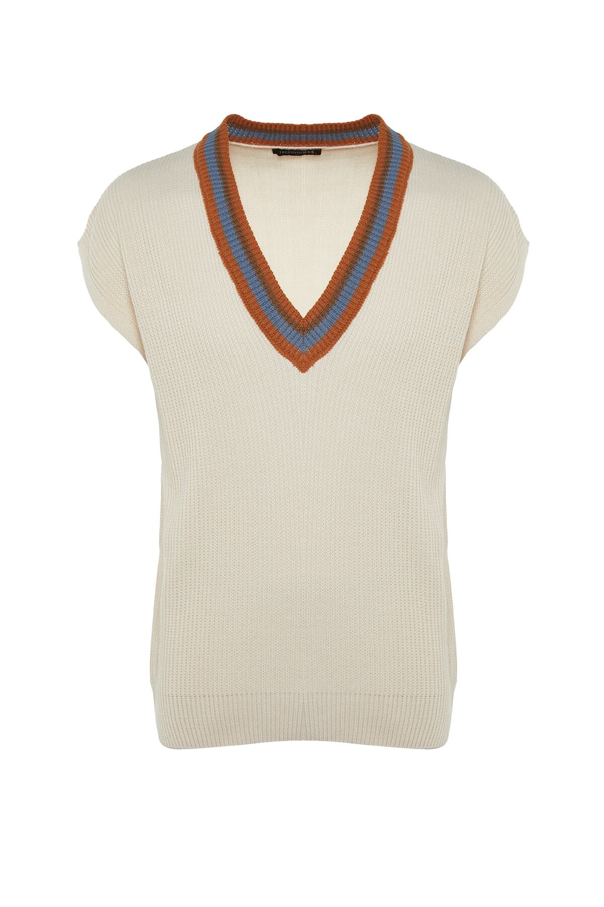 Trendyol Collection-Beigefarbener Unisex-Strickpullover mit V-Ausschnitt – breite Passform TMNAW23SV00013 6