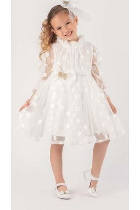 Kız Çocuk Beyaz Iri Puantiyeli Dantel Elbise PUMPİDO-PNTYL
