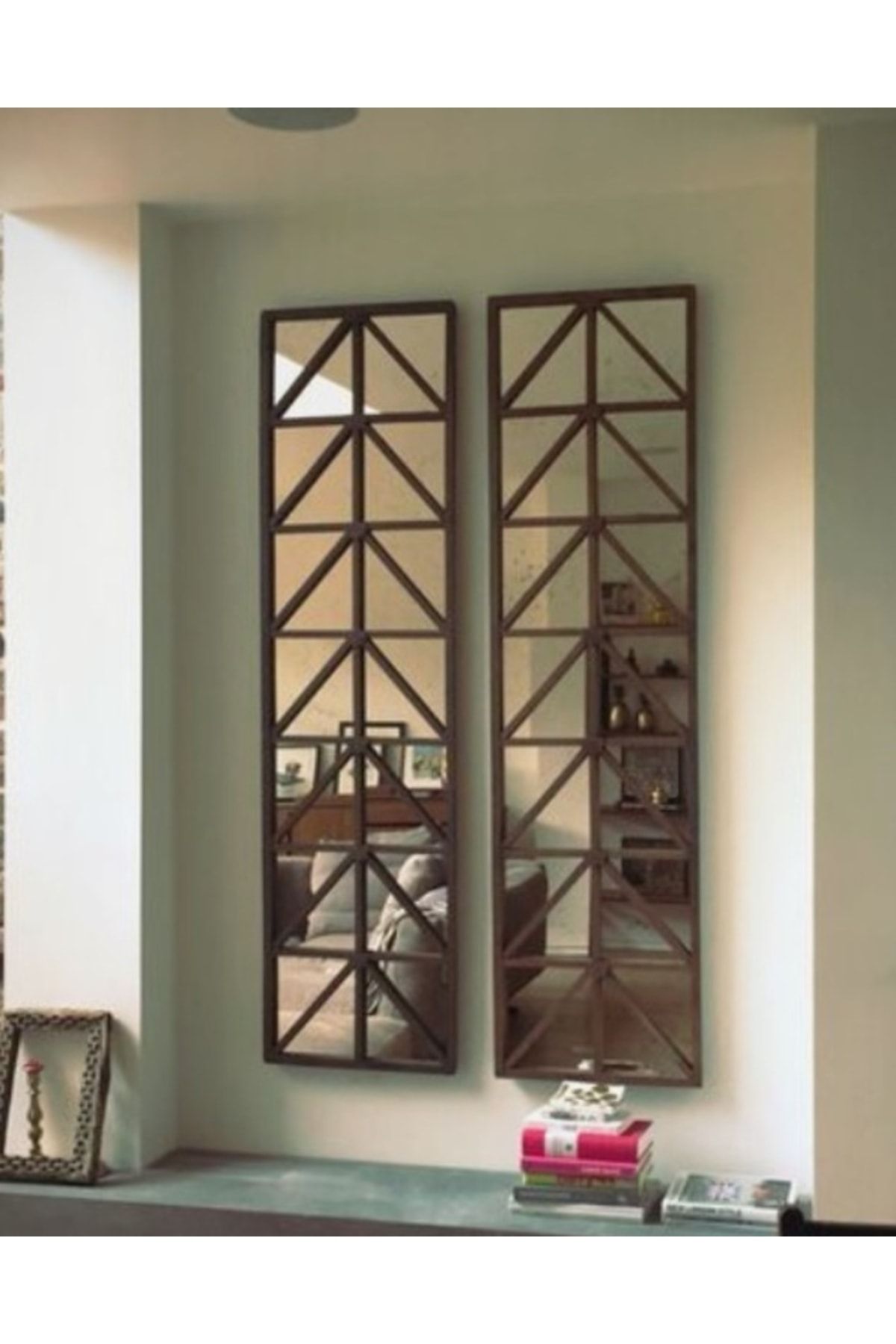Yalova Design Pleksi Aynalı 2li Dekoratif Ceviz Pencere 85x25 Cm. UX8463