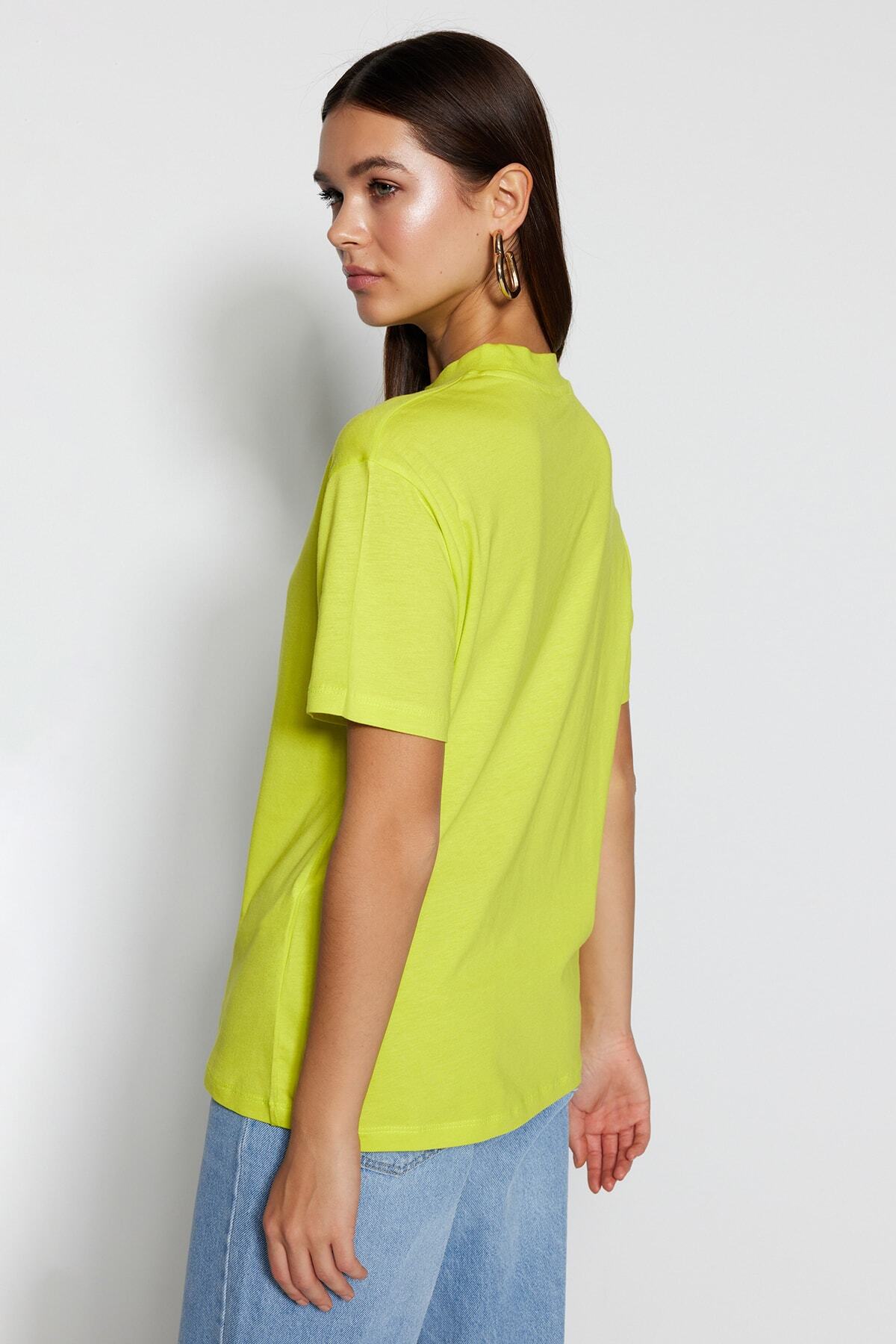 Trendyol Collection-Olejově zelená 100% bavlna Základní stojáček Pletené tričko TWOAW20TS0096 5