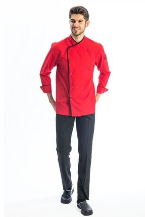 Erkek Uzun Kollu Kırmızı - Biye Siyah Klasik Aşçı Ceketi TIPTX-1002