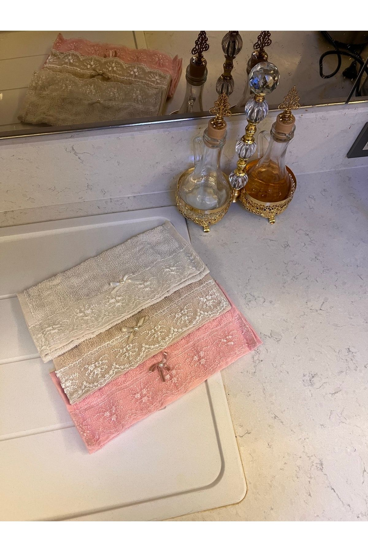 Evrimax Mutfak Havlusu 3 ' Lü 30x50 Cm El Havlusu Pembe- Bej-beyaz Dantelli Havlu