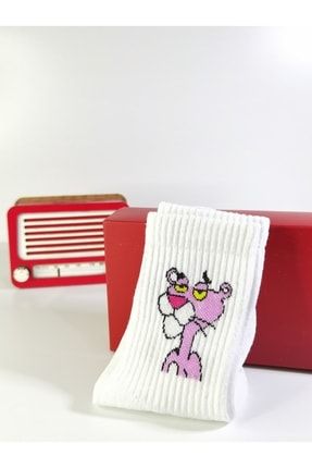 Unisex Beyaz Pembe Panter Desenli Pofudy Soket Çorap p20036