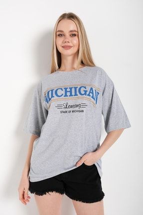 Kadın Gri Oversize Michigan Lansing T Shirt TW-MCHGGNTSHİRT1