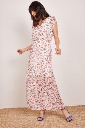 Kadın Beyaz V Yakalı Desenli Uzun Şifon Elbise 19Y012716