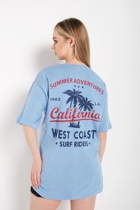 Kadın Bebe Mavisi Oversize California Baskılı T-shirt TS-CALİFKADN