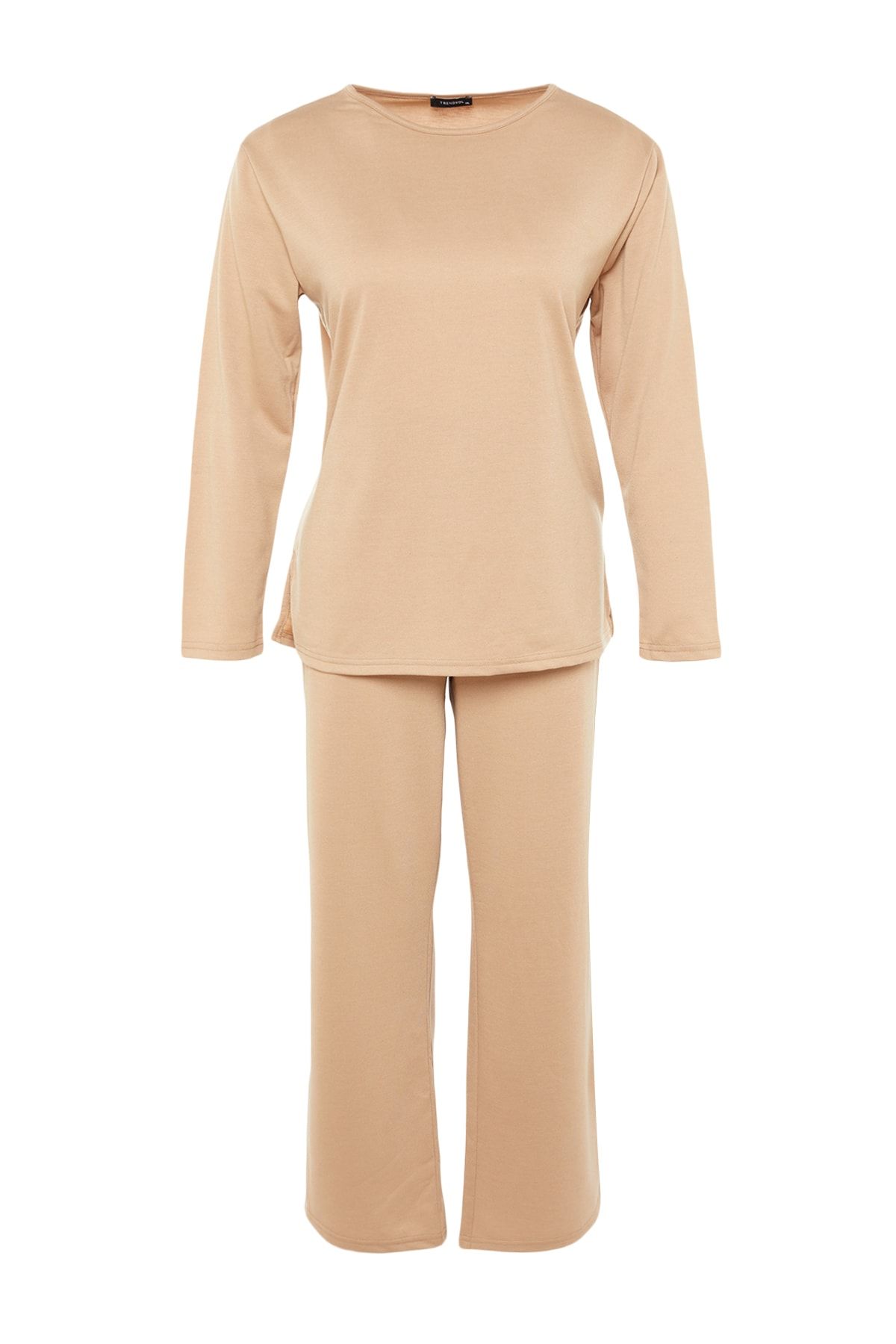Trendyol Curve-Beiges Pyjama-Set mit Strickbündchen und Schlitz TBBAW23AI00055 6