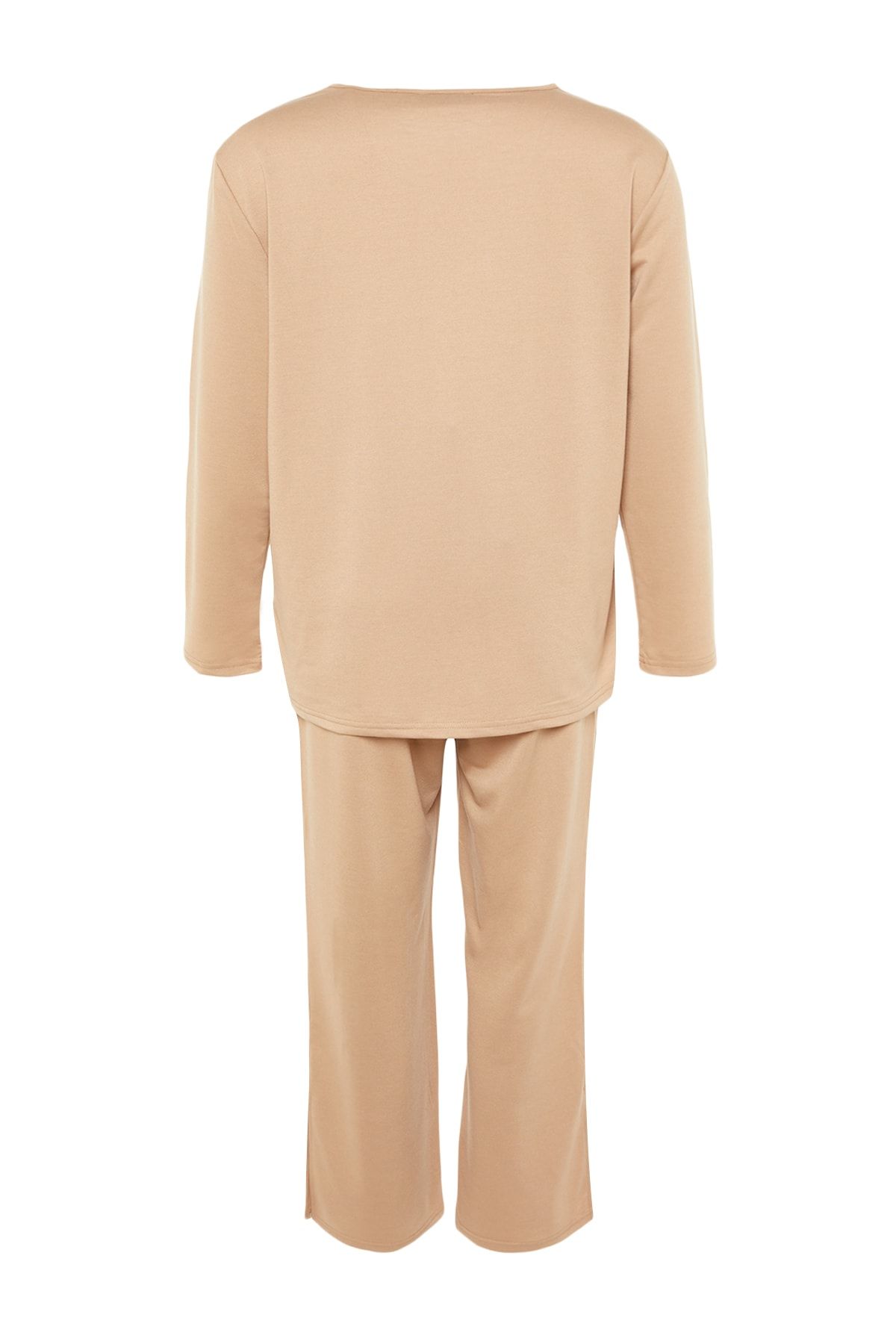 Trendyol Curve-Beiges Pyjama-Set mit Strickbündchen und Schlitz TBBAW23AI00055 8