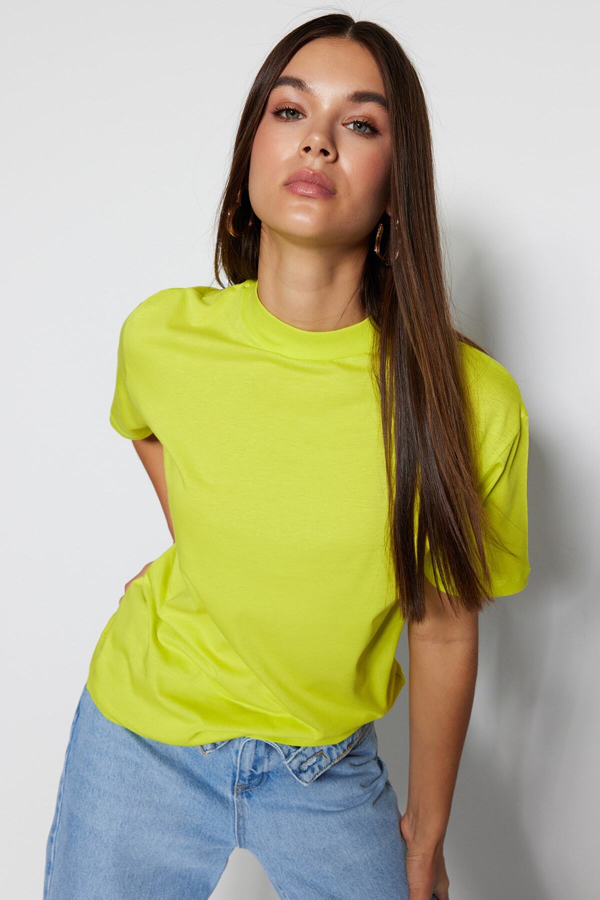 Trendyol Collection-Olejově zelená 100% bavlna Základní stojáček Pletené tričko TWOAW20TS0096 2