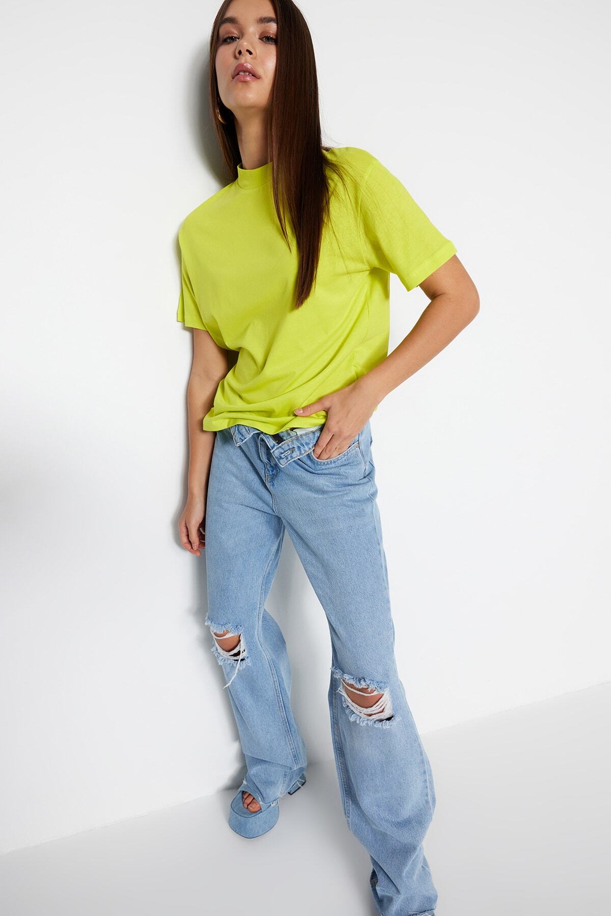 Trendyol Collection-Olejově zelená 100% bavlna Základní stojáček Pletené tričko TWOAW20TS0096 3