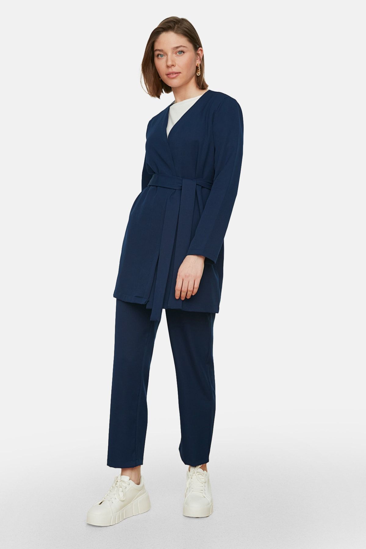 Trendyol Modest-Κοστούμι υφαντό σακάκι-παντελόνι με μπλε ζώνη TCTSS21AU0313 5
