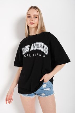 Kadın Siyah Los Angeles California Baskılı Oversize T-shirt TW-DLULANGLS