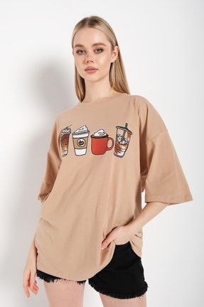Kadın Vizon Coffee Baskılı Oversize T-shirt TW-COFFEETSHRT