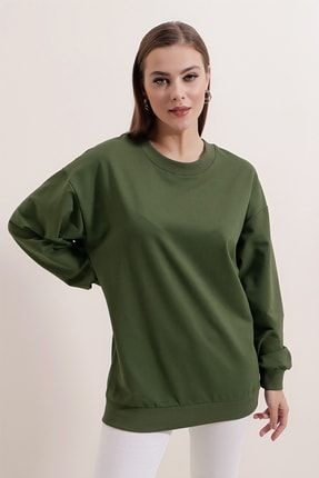 Kadın Haki Basic Uzun Kollu Oversize Sweatshirt P20W-4420