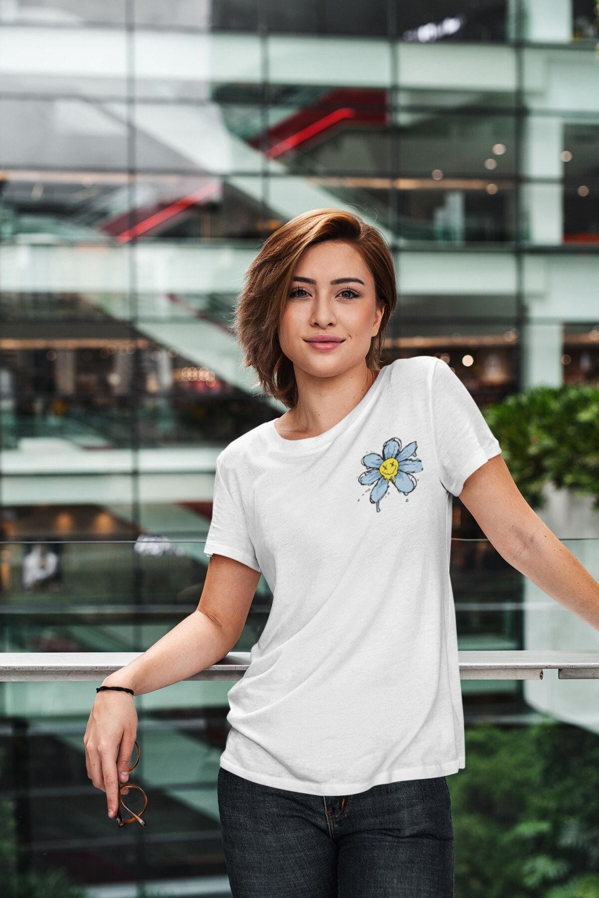 Kio Tasarım-Blue Daisy Printed T-Shirt Women's Cotton Lover Birthday Gift for Friend Gift T-shirt 2