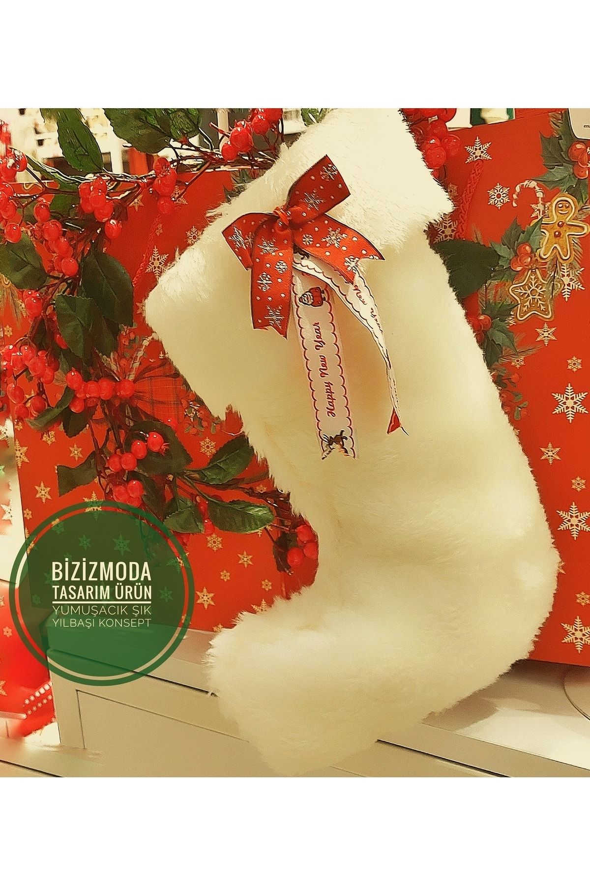 bizizmoda Yılbaşı Ağacı Kesesi Süsü Yeniyıl Dekoratif Süs Noel Çorabı
