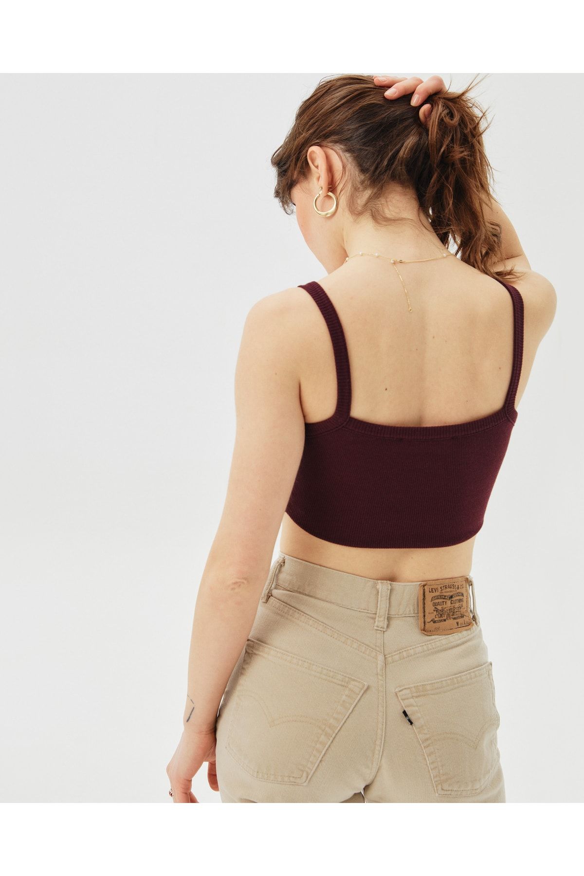 Ayma Active Mürdüm Kadın Askılı Fitilli Crop Ince Askılı Örme Atlet MB9452