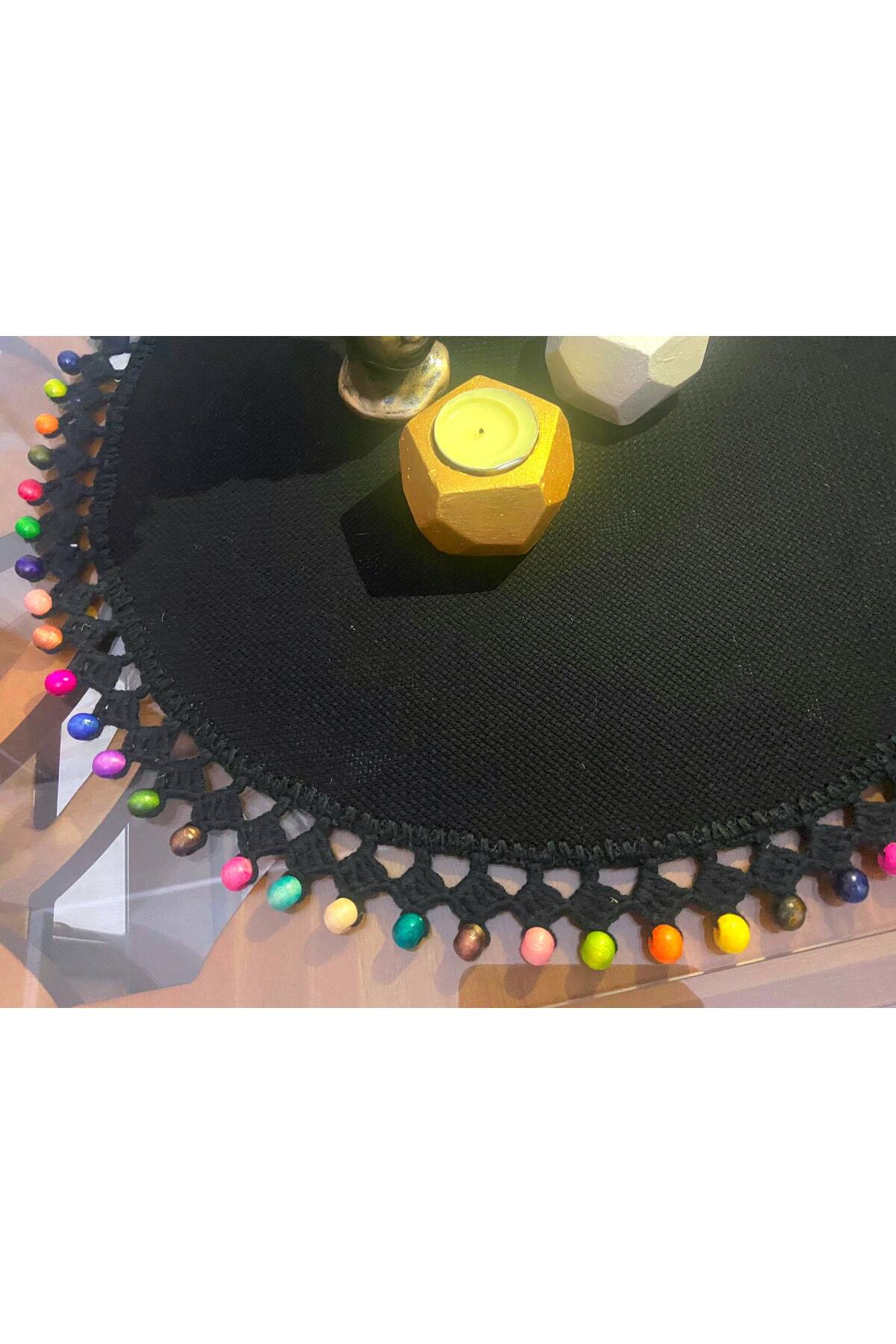Siyah Ahşap Boncuklu Yuvarlak Sehpa Örtüsü,masa Örtüsü Runner 2