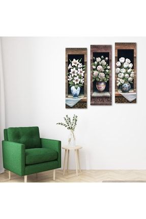 3 Parça Beyaz Çiçekler Mdf Tablo - T-3dikey-02 / 20x60 T-3DİKEY-02
