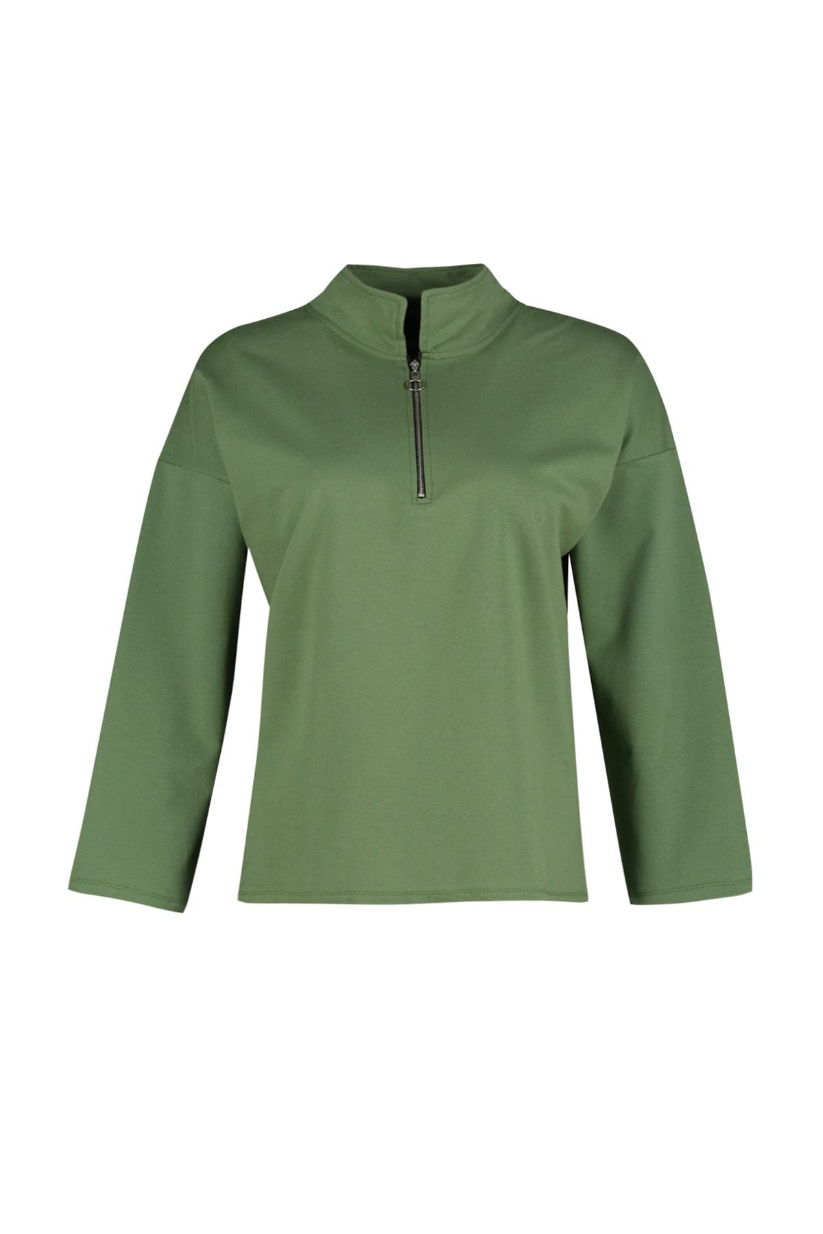 Trendyol Curve-Khakifarbenes, dünnes Strick-Sweatshirt mit Polokragen in Übergröße – Reißverschluss TBBAW23AO00023 6