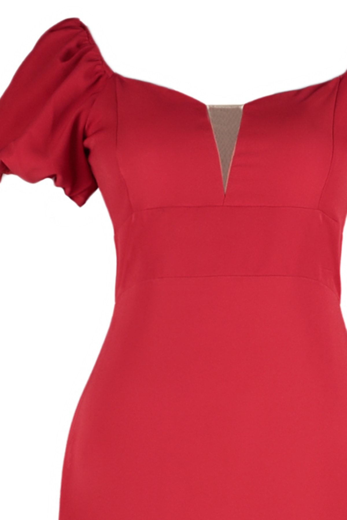 Trendyol Curve-فستان أحمر منسوج بدون حمالات بأكمام بالونية TBBSS22AH00040 7