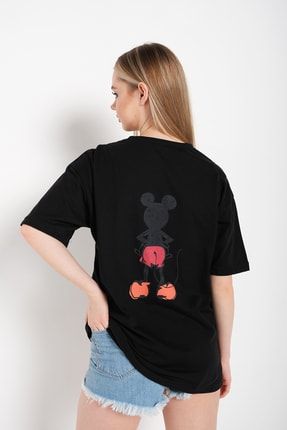 Kadın Siyah Sırt Baskılı Mickey Mouse T-shirt KBSMMT-012-TS
