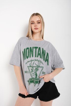 Kadın Gri Montana Baskılı Oversize T-shirt 1818199-TS