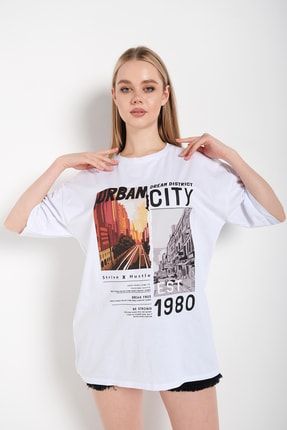 Kadın Beyaz Urban Baskılı T-shirt TS-URBANTSHİRT