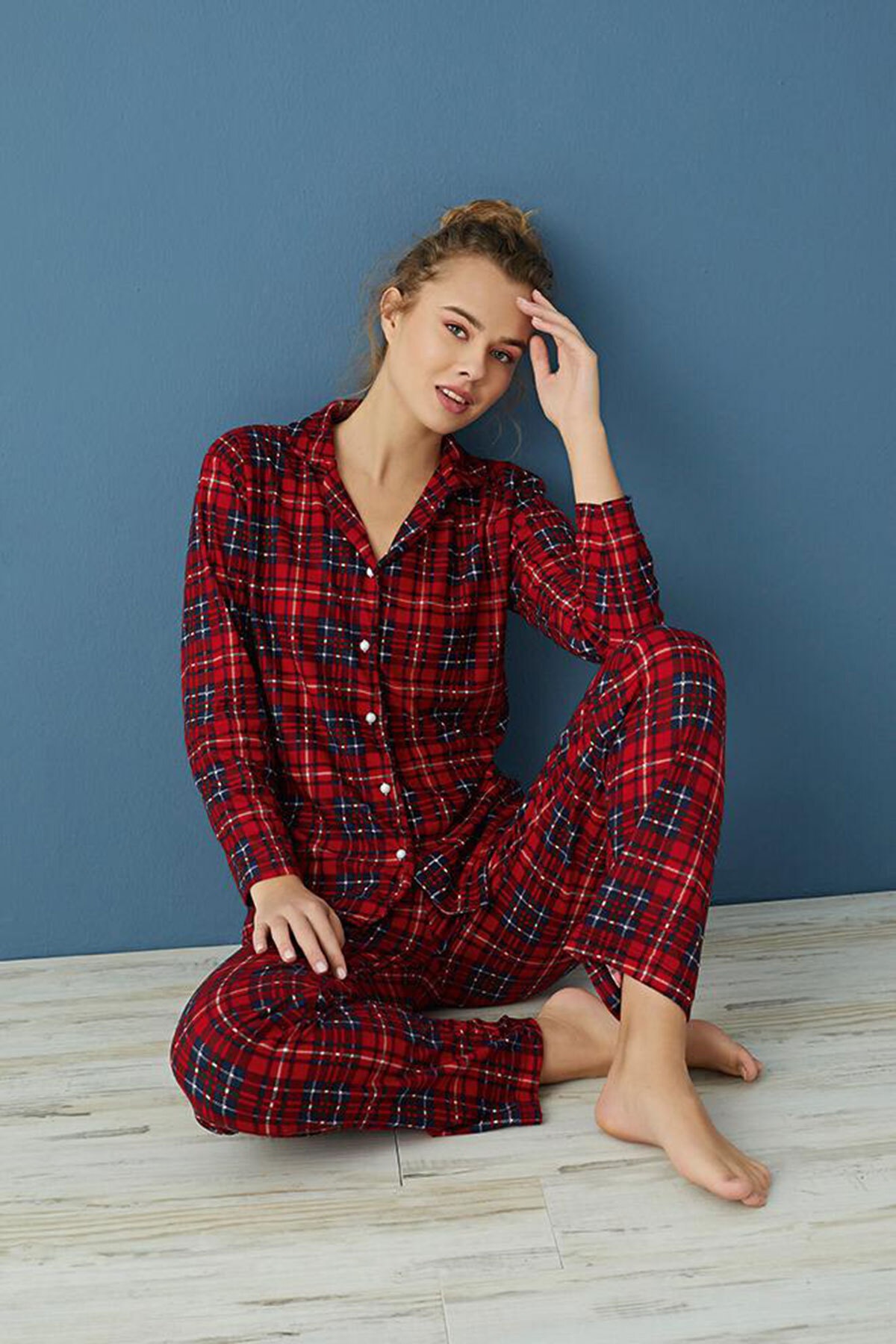 Işılay Kışlık Boy Düğme Kadın Ekose Pijama Takımı