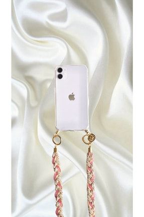 Camellia Pembe Iphone Xr Uyumlu Kristal Taşlı Telefon Kılıfı Çapraz Boyun Askılı Zincir NTM0618