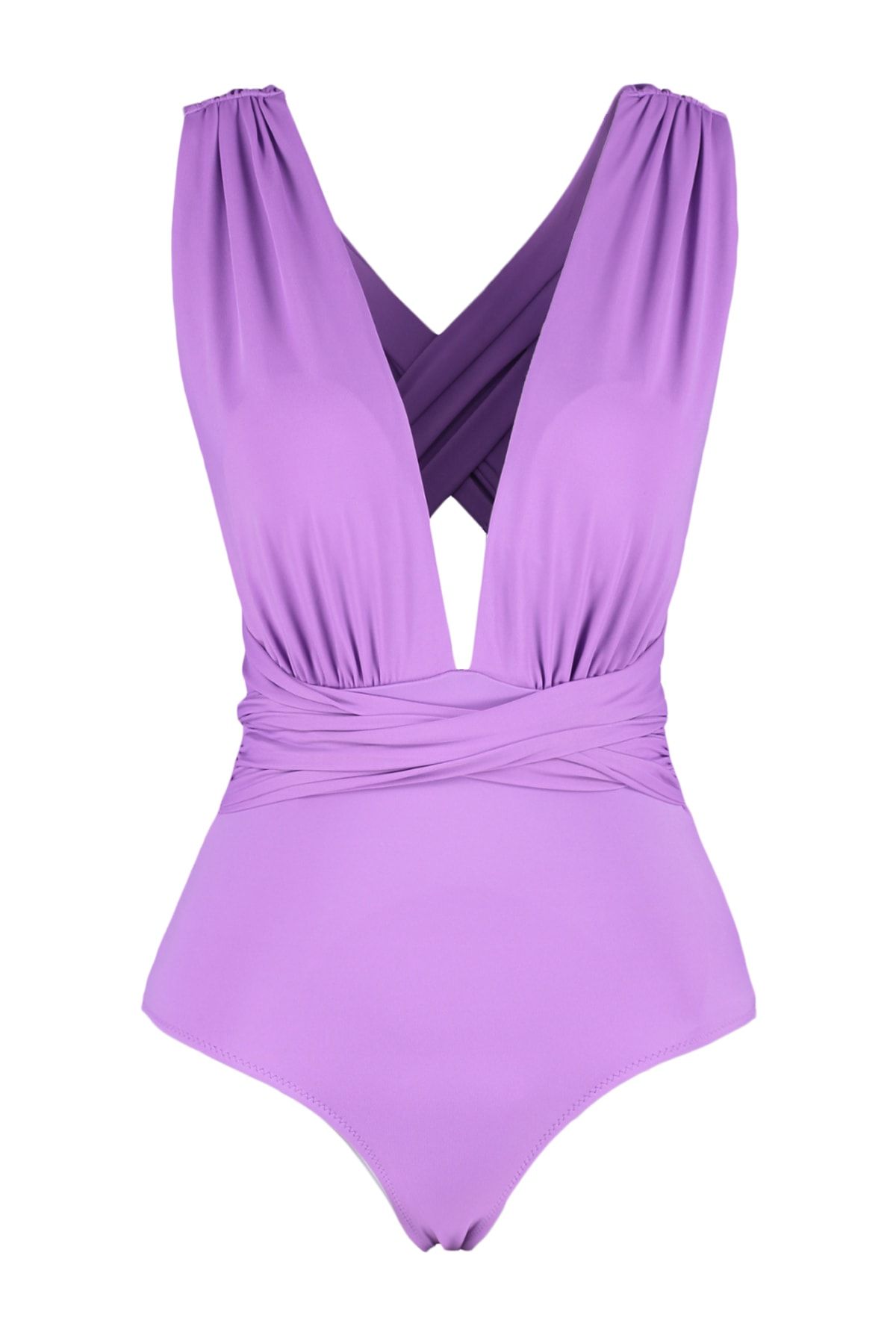 Trendyol Collection-Costum de baie mov cu decolteu adânc, cu detaliu la spate, drapat Hipster Core TBESS21MA0041 6