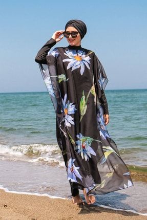 Tesettür Mayo Üzerine Çiçek Desenli Kaftan Kimono Pareo P2105 2476