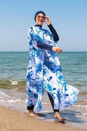 Tesettür Mayo Üzerine Çiçek Desenli Kaftan Kimono Pareo P2108 2473