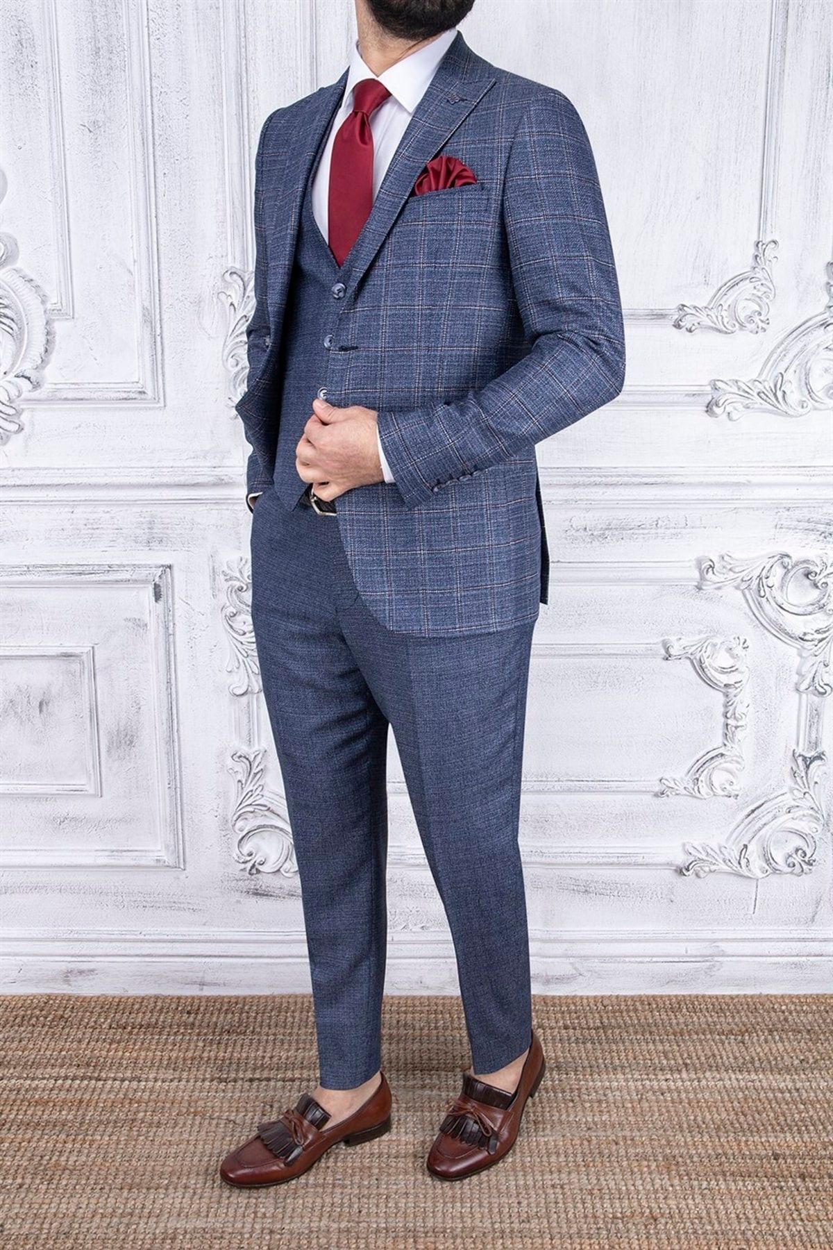 PR PACO ROMANO ART OF FASHİON Erkek Slim Fit Sivri Yaka Ekose Yelekli Açık Mavi Kombin Takım Elbise