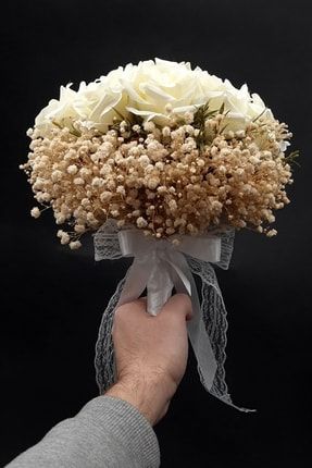 Beyaz Gül Gelin Çiçeği Bej Cipsolu Gelin Buketi GBT143