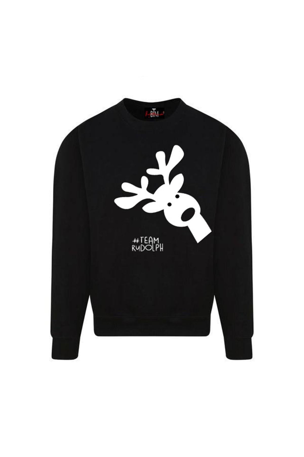 Buğraterzimoda-Коледно новогодишно семейно комбинирано черно суитшърт с щампа на елени с кръгло деколте (цената е за единичен) 2