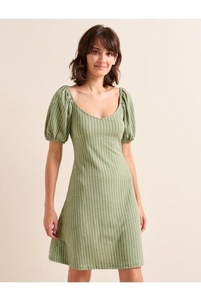 Kadın Yeşil Düz Kesim Açık Yaka Kısa Kollu Çizgili Örme Elbise 22Y05E7034