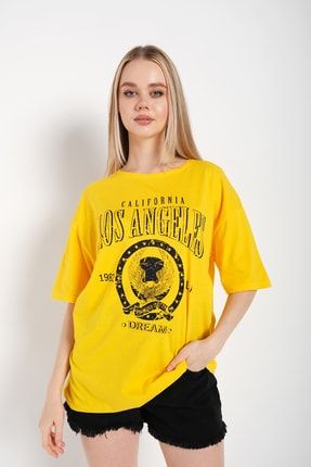 Kadın Sarı Oversize Los Angeles Baskılı Tişört KSOLA-124-TS