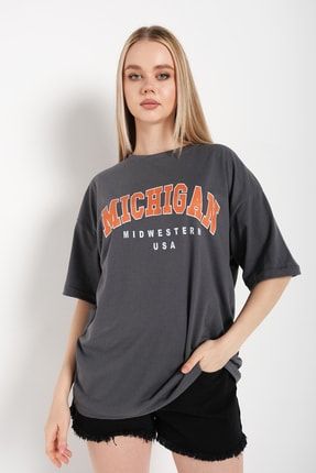 Kadın Füme Oversize Michigan Baskılı T-shirt KSOMBT-710-TS